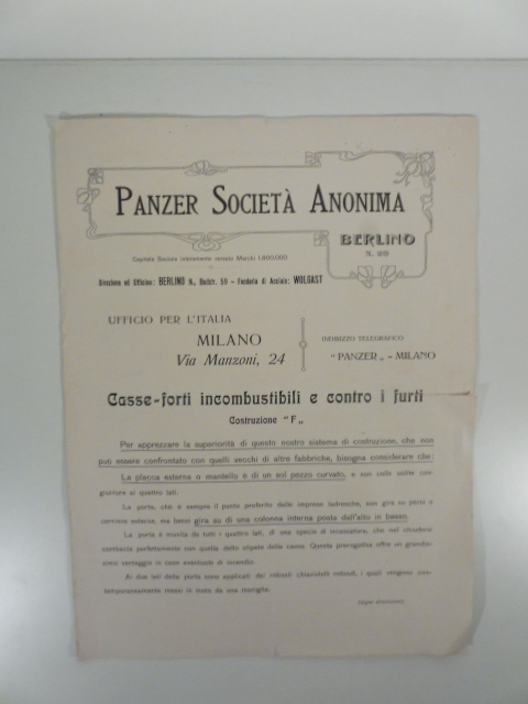 Panzer società anonima, Berlino. Casseforti incombustibili e contro i furti